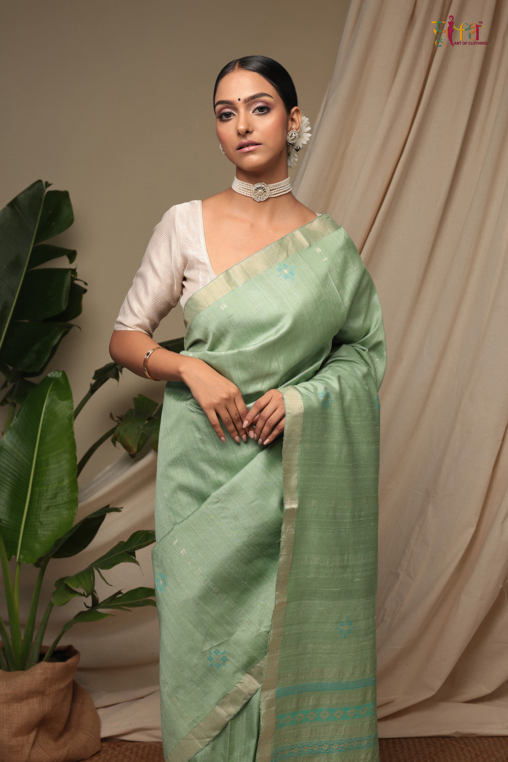 Handloom Pistachio Green Pure Tussar Silk Kanchi Saree with Zari Border