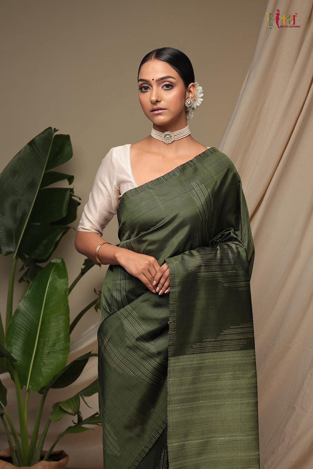 Handloom Basil Green Pure Silk Kanchi Contemporary Saree