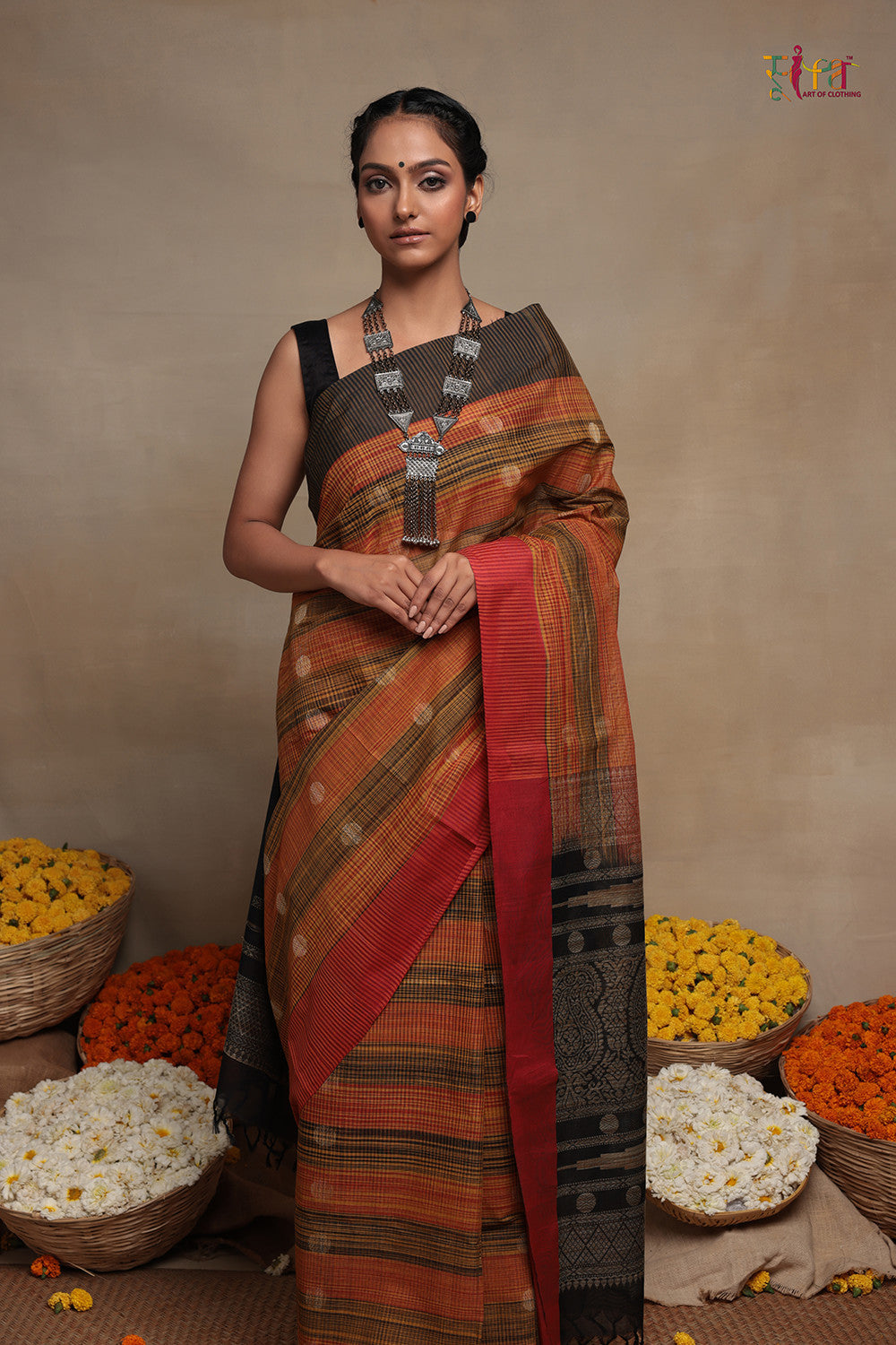 Orange And Black Pure Cotton Handloom Kanchi Saree