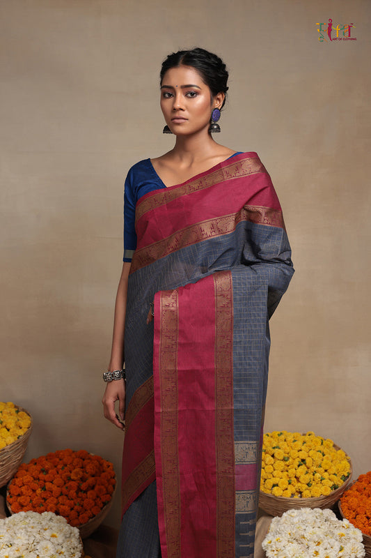 Handloom Slate Grey pure Cotton Kanchi Saree with Deep Pink Border