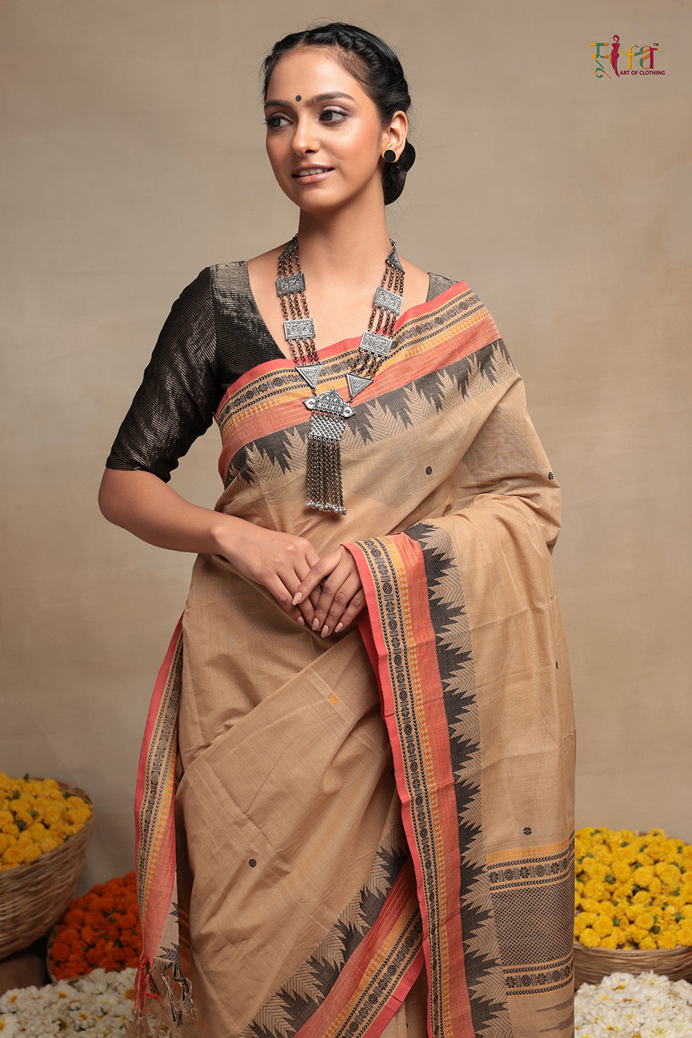 Light brown handloom pure cotton  Kanchi Saree