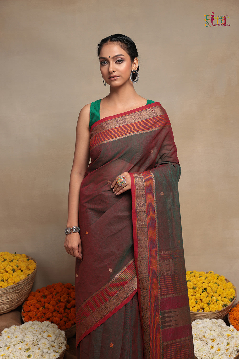 Handloom Green Brown Pure Cotton Kanchi Saree