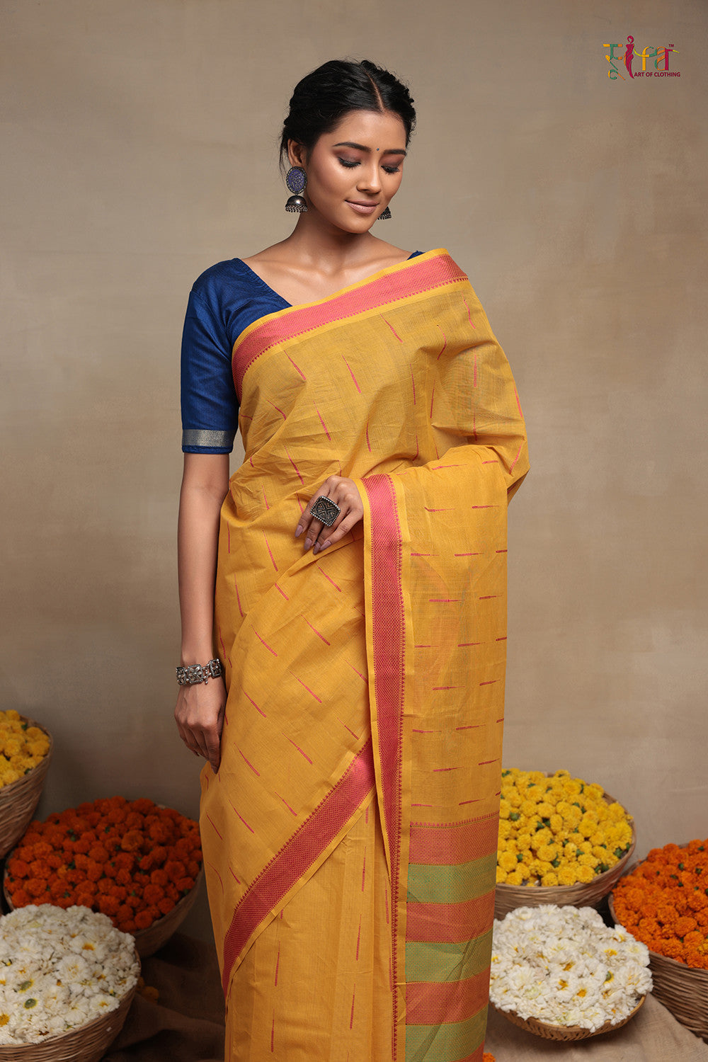 Handloom Sunglow Yellow Pure Cotton Kanchi Saree