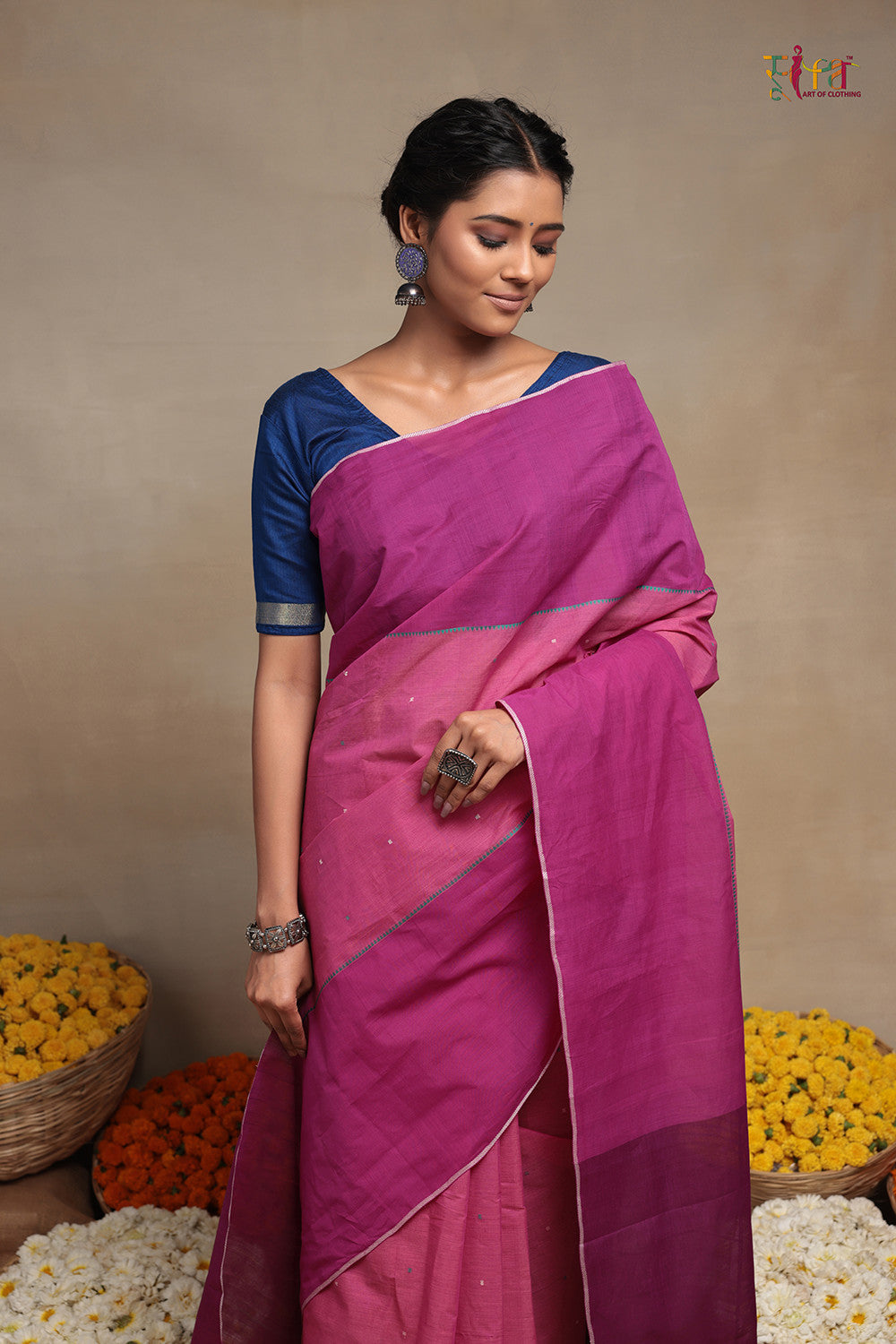 Handloom Rose Pink Pure Cotton Kanchi Saree