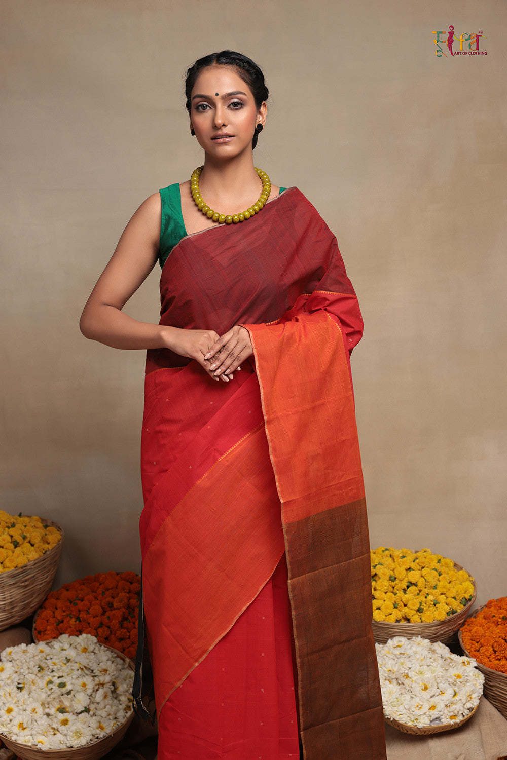 Handloom Red And Orange Pure Cotton Kanchi Saree