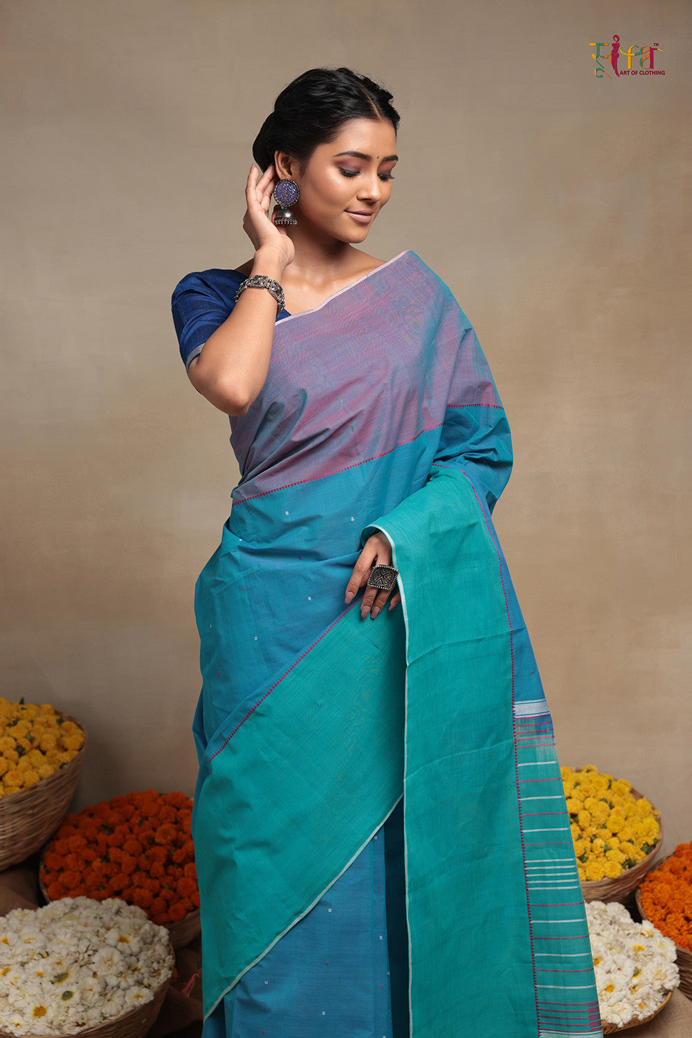 Handloom Vivid Sky Blue Pure Cotton Kanchi  Saree