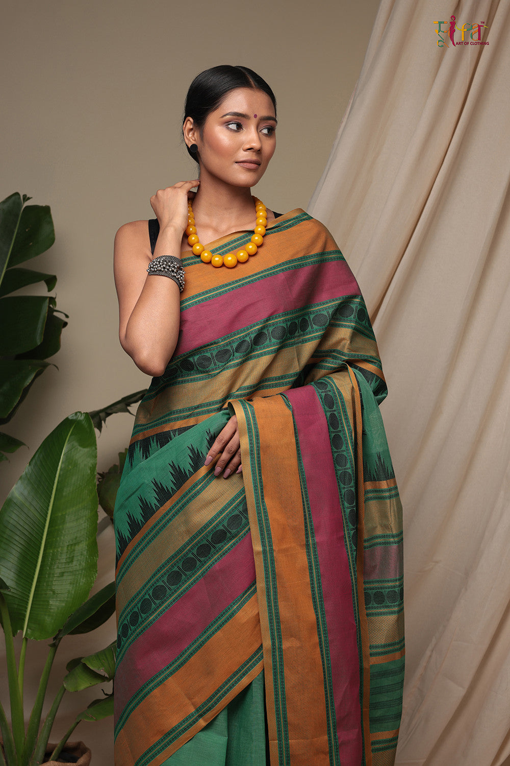 Handloom Green Pure Cotton Kanchi Saree With Multicolour Border