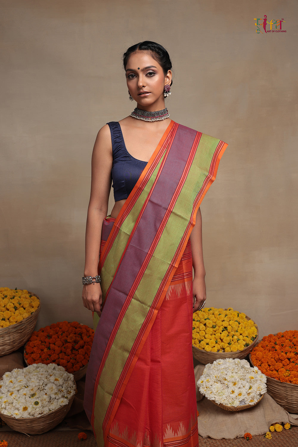 Handloom Royal Orange Pure Cotton Kanchi Saree