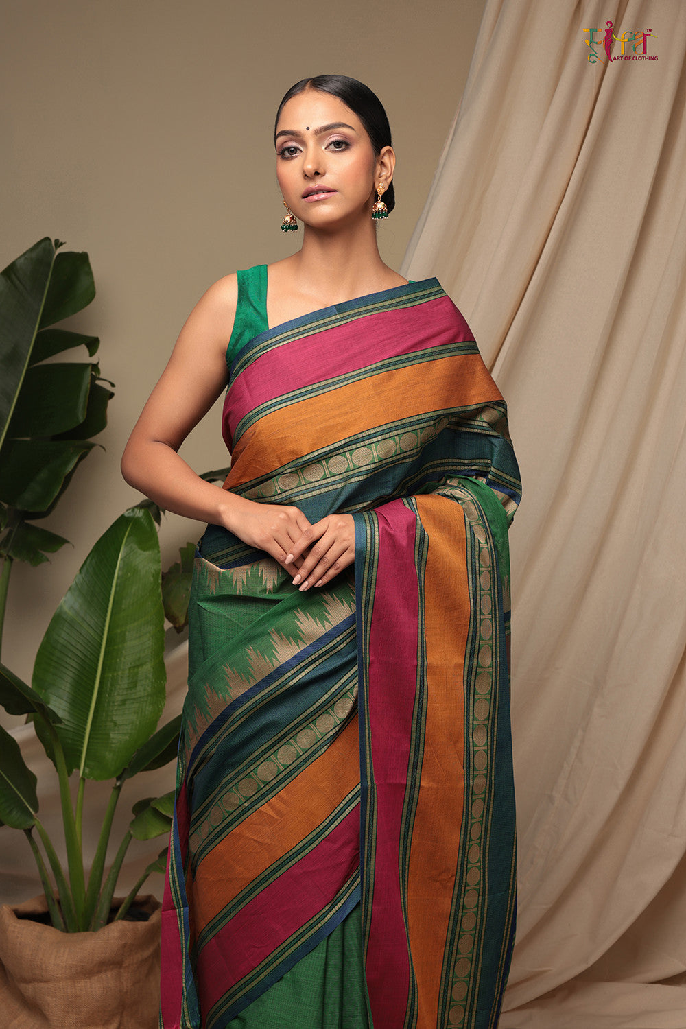 Handloom Spring Green Pure Cotton Kanchi Saree With Pink & Orange Border