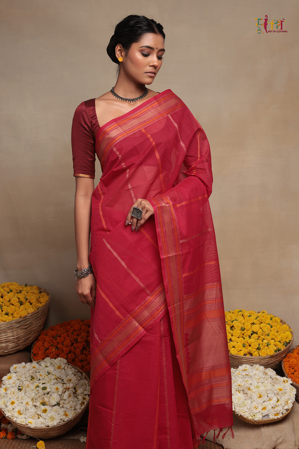 Magenta Handloom Kanchi Saree With Stripes