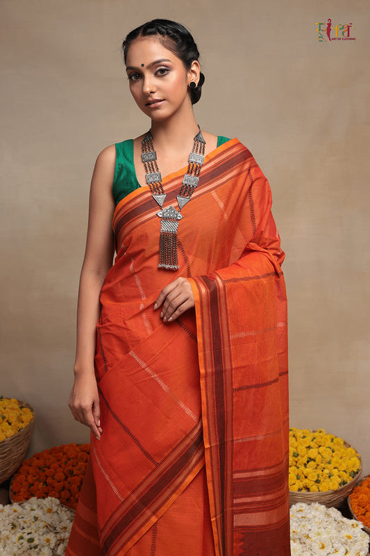 Orange handloom Kanchi Saree with Stripes