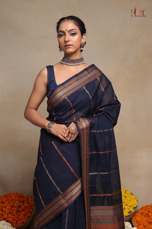 Handloom Navy Blue Kanchi Cotton Saree