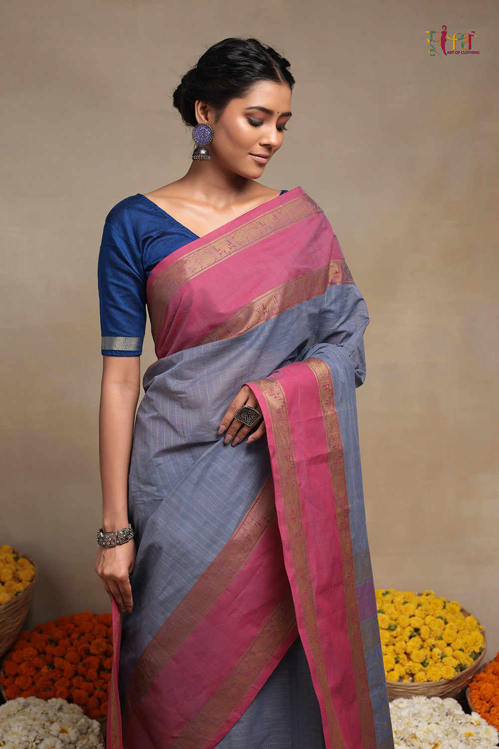 Handloom Grey Pure Cotton Kanchi Saree With Rouge Pink Border