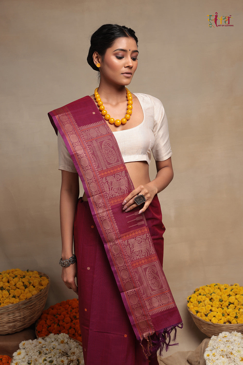 Wine Pure Cotton Handloom Kanchi Saree