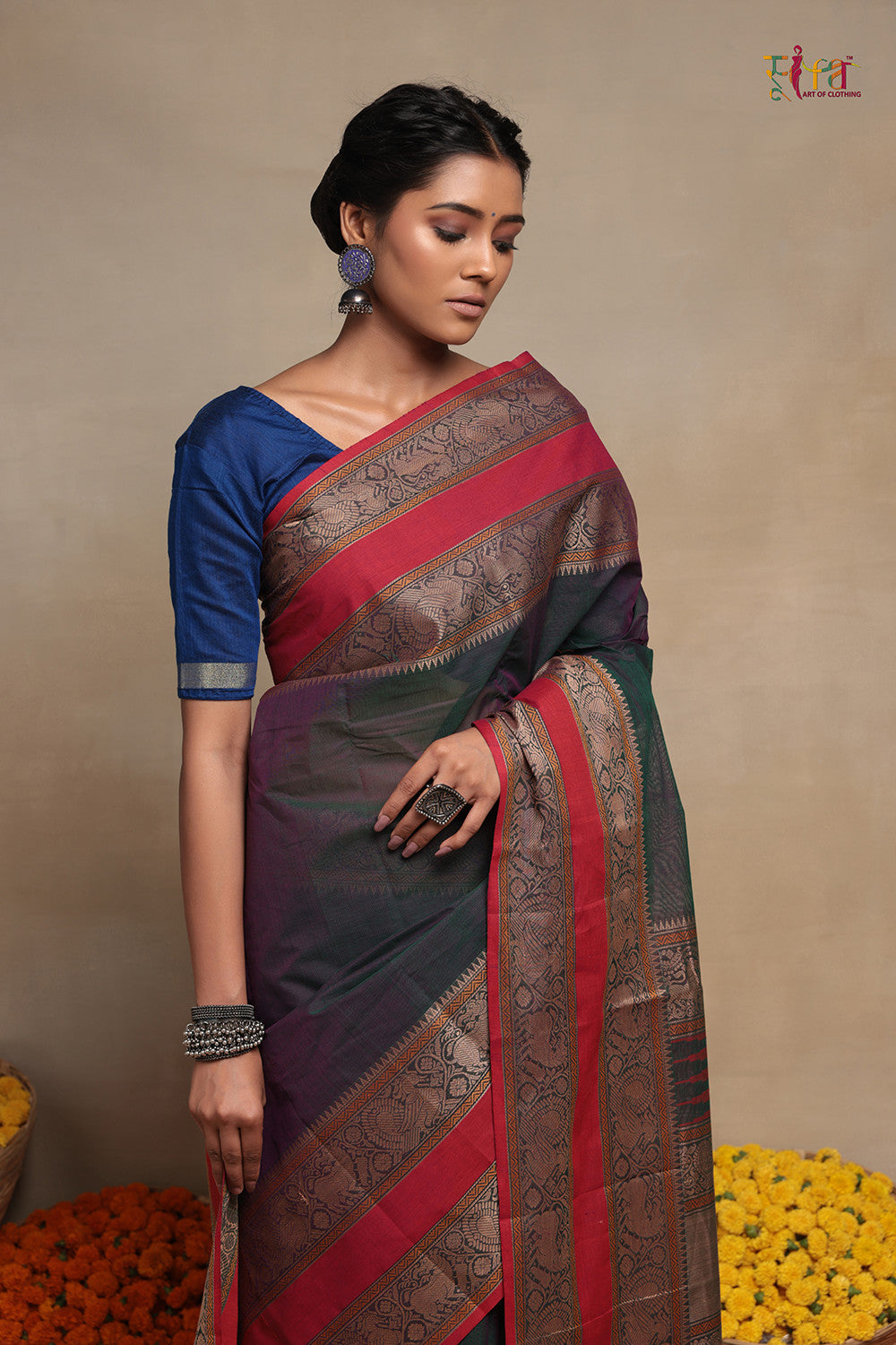 Handloom Dark Green Cotton Kanchi Saree