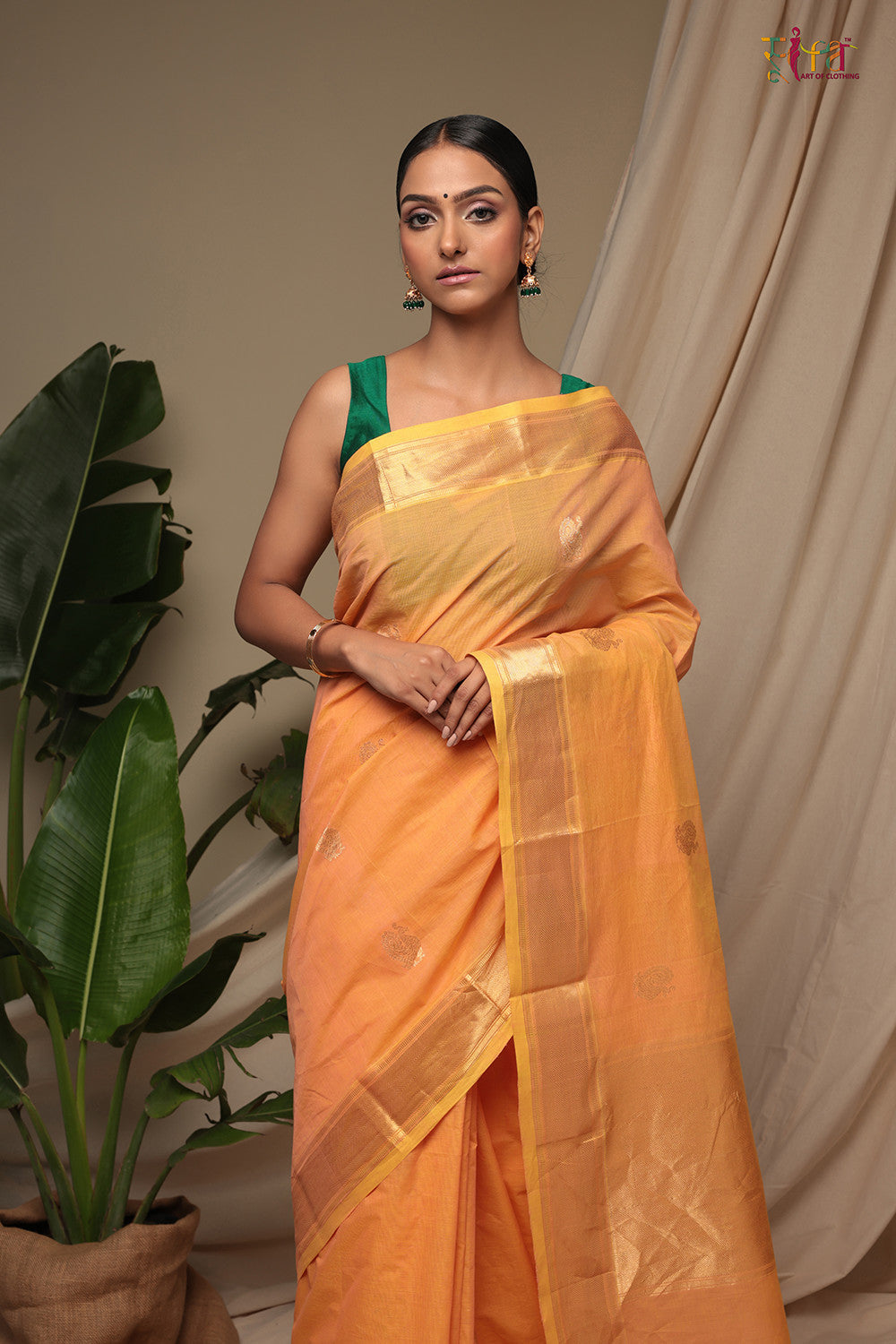 Handloom Amber Orange Pure Cotton Kanchi Saree With Zari Border And Motifs