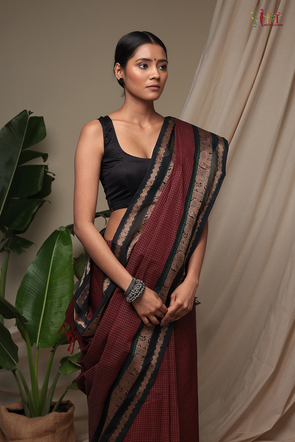 Handloom Rosewood Pure Cotton Kanchi Saree