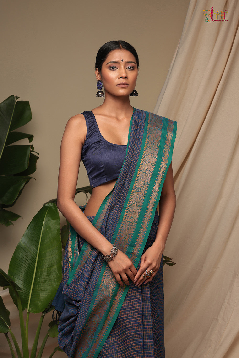 Marine Blue Pure Cotton Handloom Kanchi Saree With Generous Border