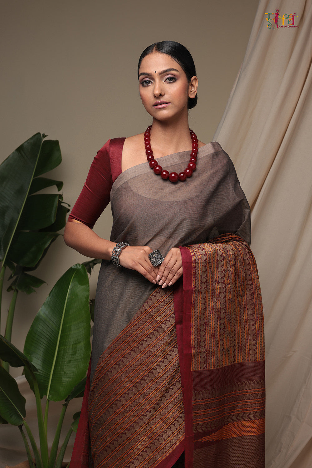 Handloom Smoke Grey & Maroon Pure Cotton Kanchi Saree