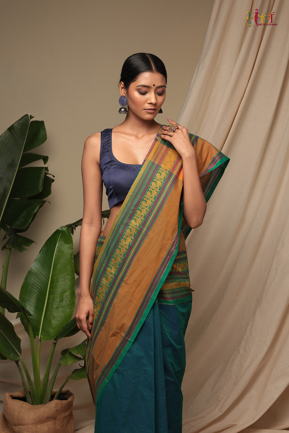 Handloom Blue Green Pure Cotton Kanchi Saree With Generous Border