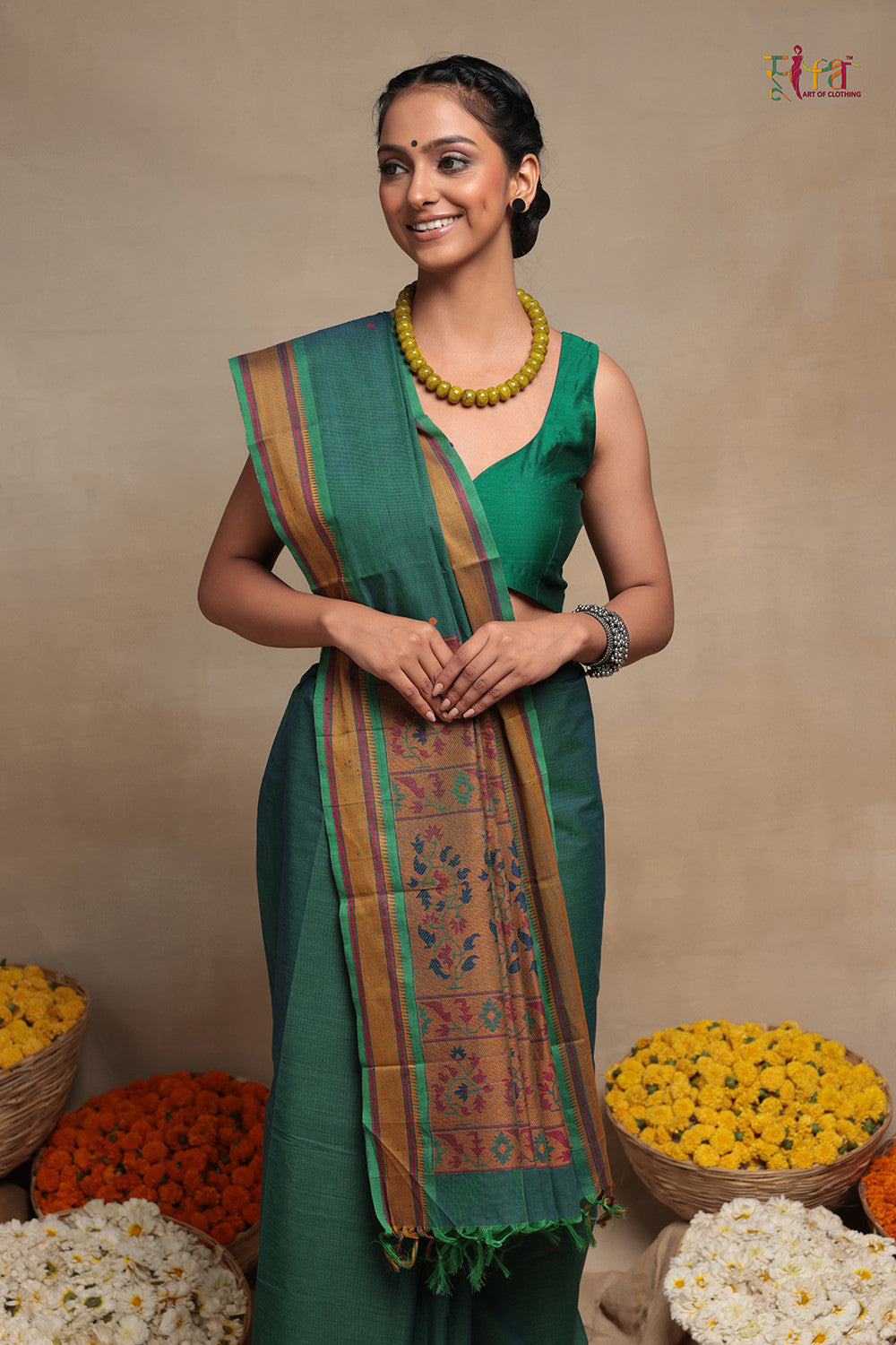 Leaf Green Handloom Pure Cotton Kanchi Saree