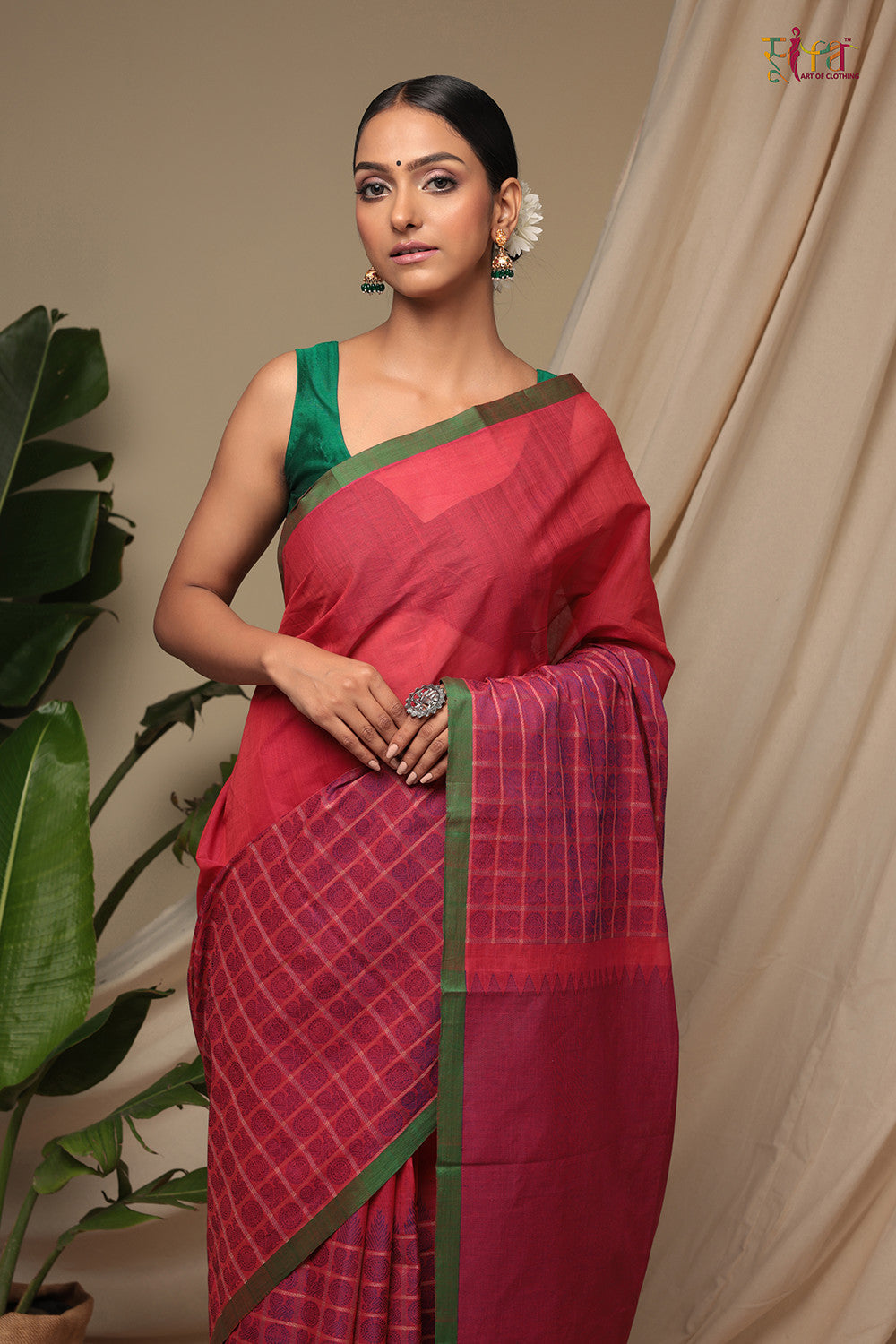 Handloom Fern Green Pure Cotton Kanchi Saree