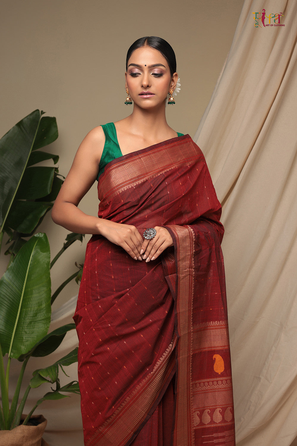 Handloom Maroon Pure Cotton Kanchi Saree