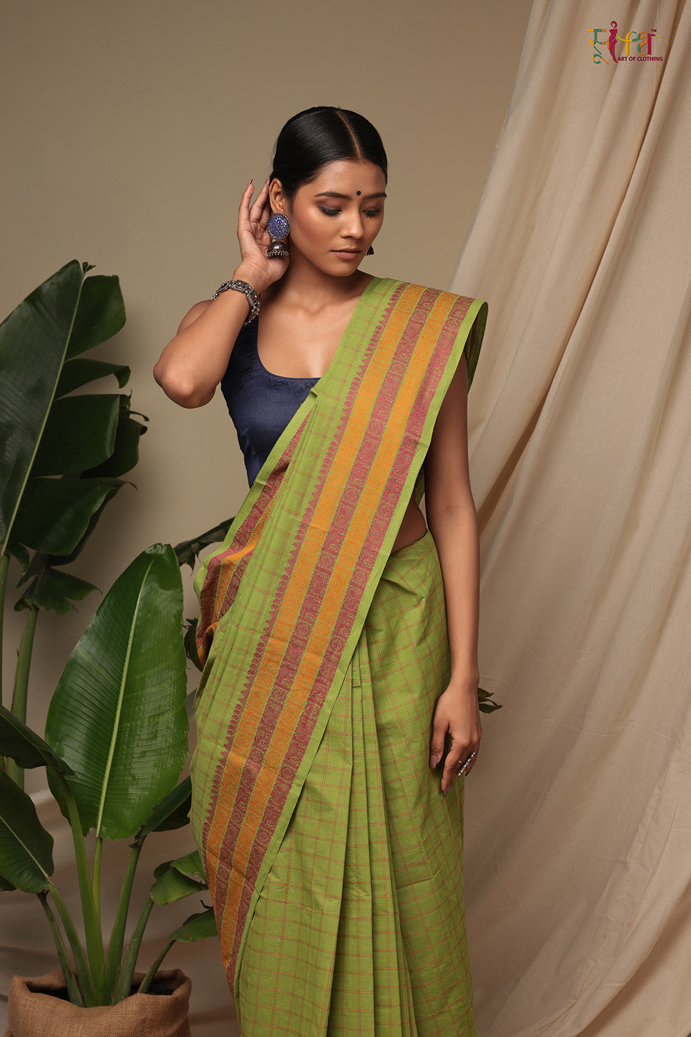 Handloom Parrot Green Pure Cotton Kanchi Saree With Generous Border