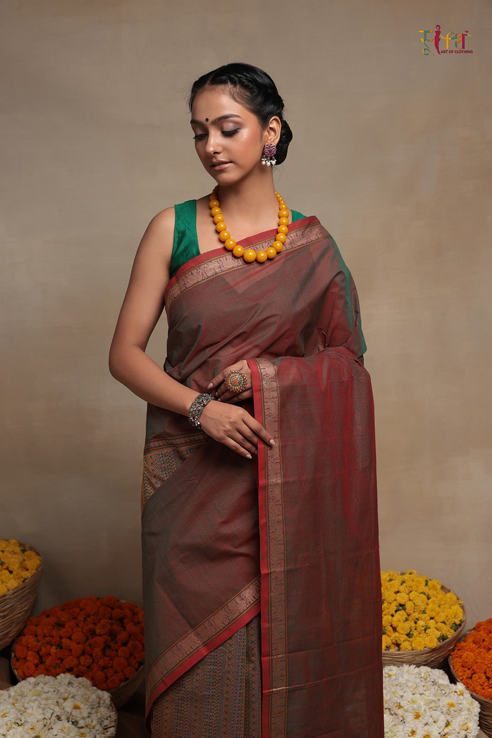 Handloom Red Brown Pure Cotton Kanchi Saree