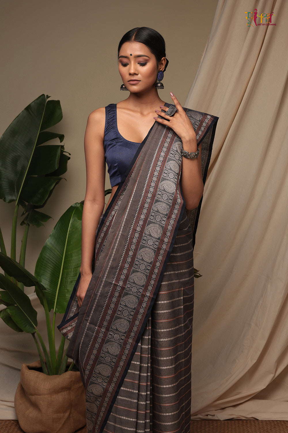 Handloom Ash Grey Pure Cotton Kanchi Saree