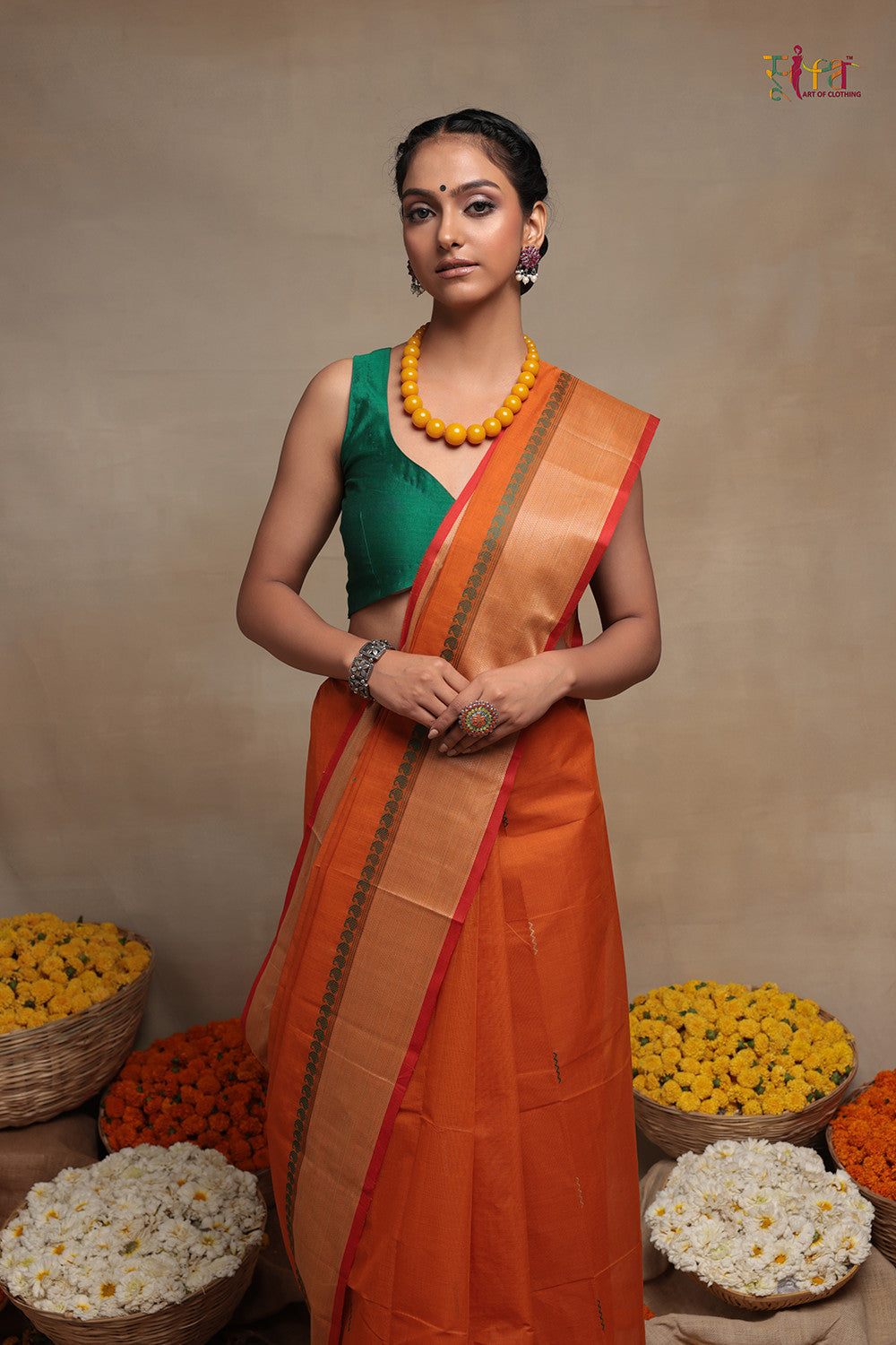 Handloom Orange Pure Cotton Kanchi  Saree