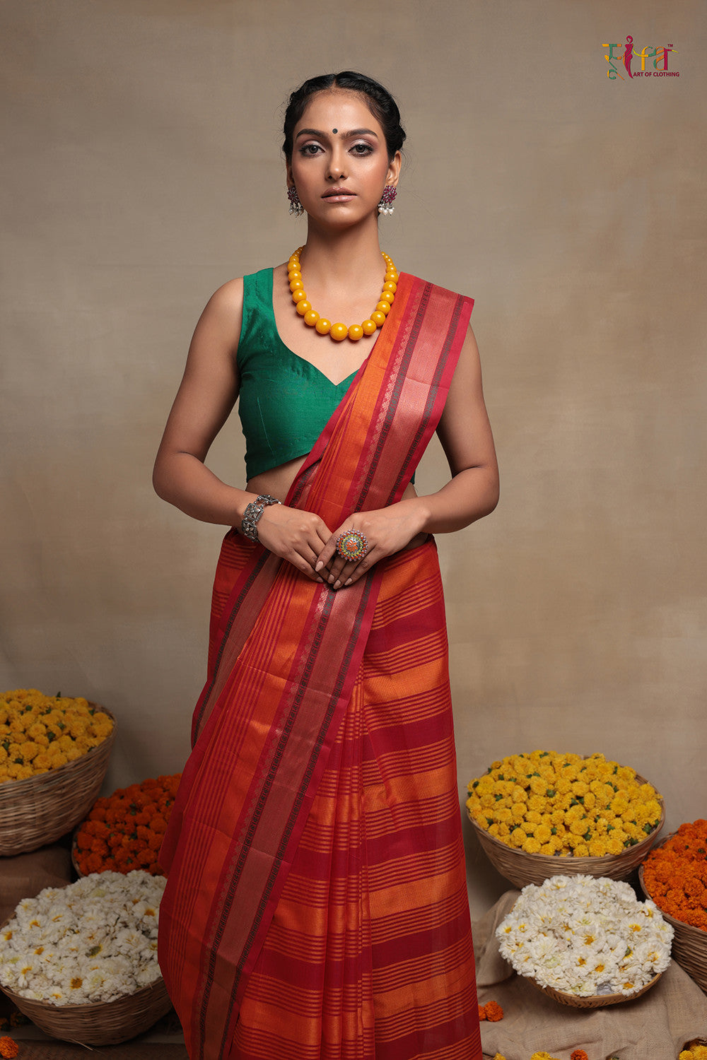 Handloom Orange & Red Pure Cotton Kanchi Saree