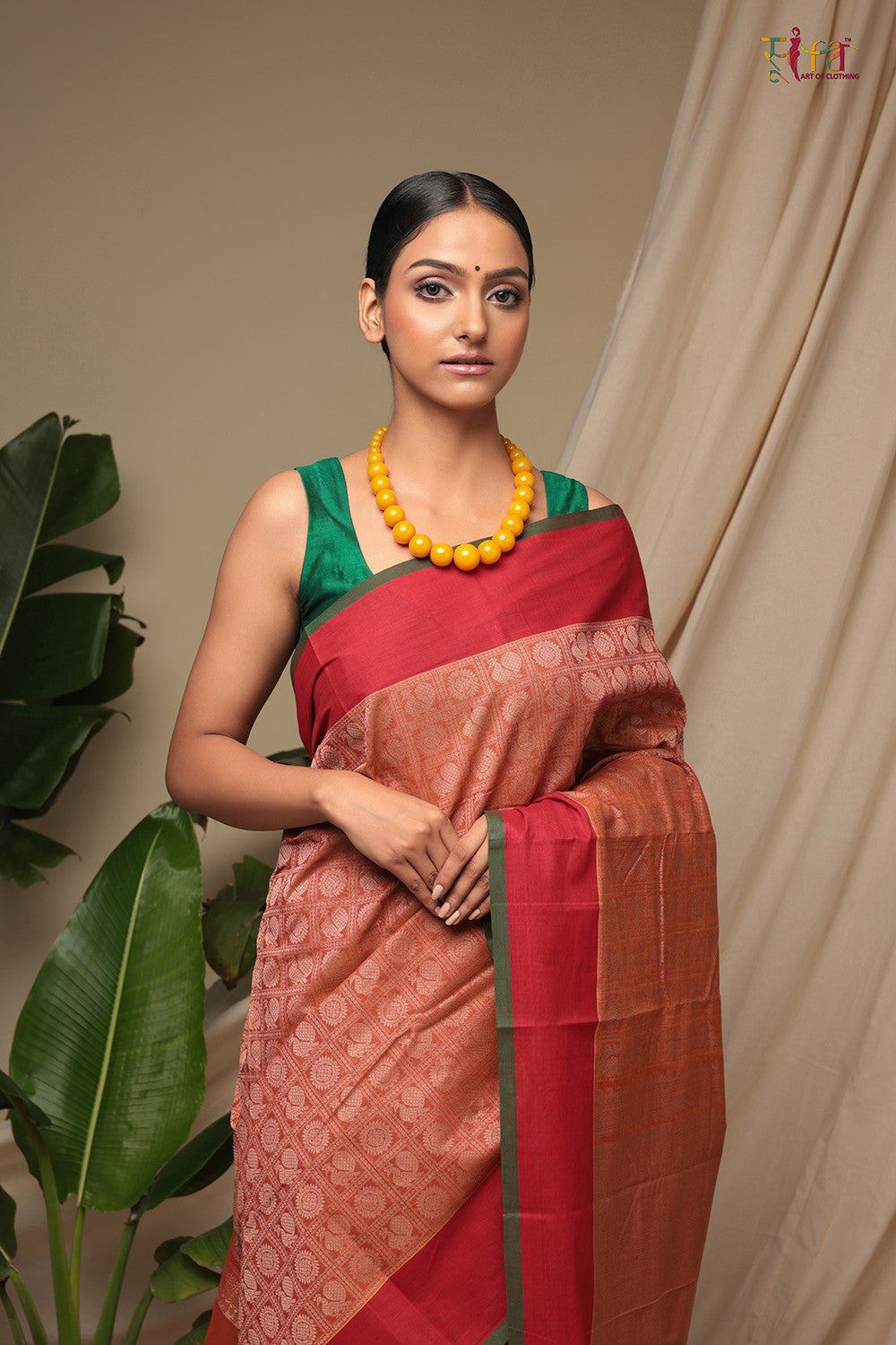 Handloom Light Coral Red Pure Cotton Kanchi Saree