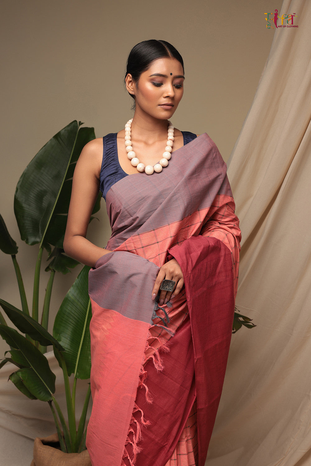 Handloom Salmon Pink Pure Cotton Kanchi Contemporary Saree