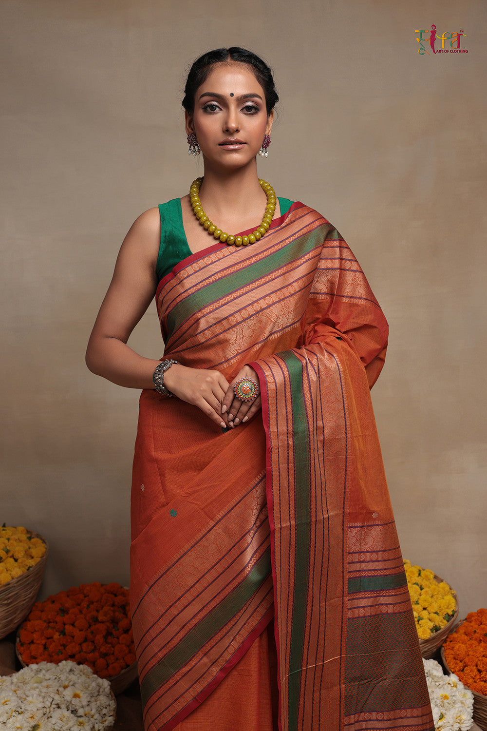 Handloom Bright Orange Kanchi Cotton Saree