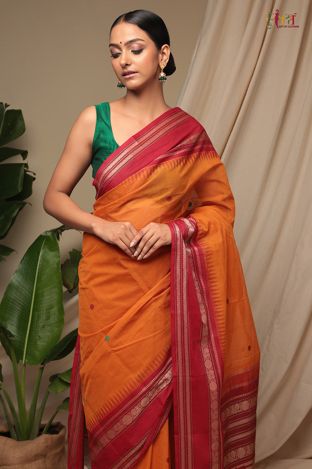 Handloom Metallic Orange Pure Cotton Kanchi Saree