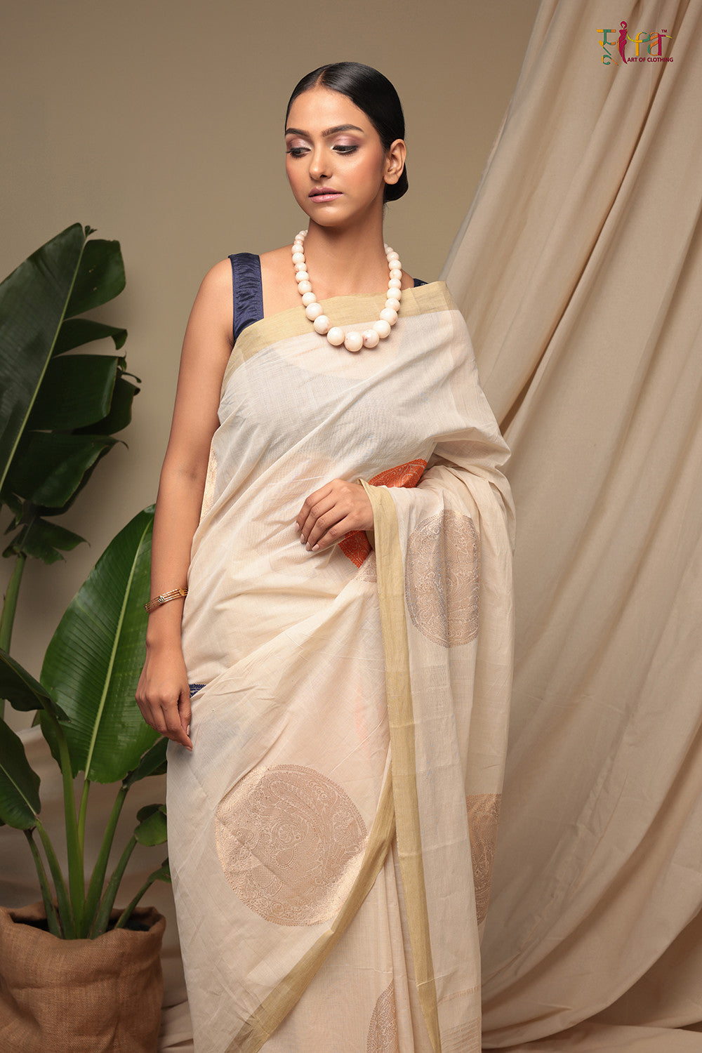 Handloom Ivory Cream Pure Cotton Kanchi Saree with Gold Zari Motifs & Pallu