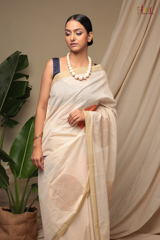 Handloom Ivory Cream Pure Cotton Kanchi Saree with Gold Zari Motifs & Pallu