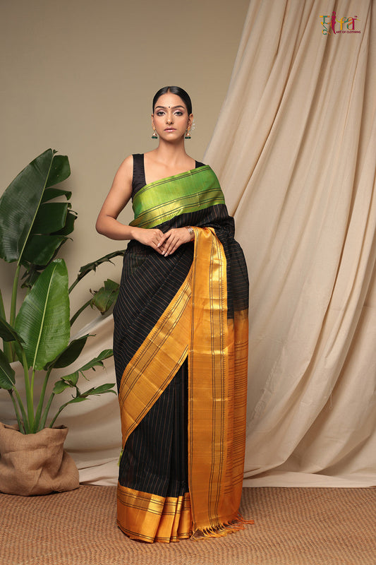 Handloom Black Pure Cotton Kanchi Saree With Pure Silk Border & Pallu