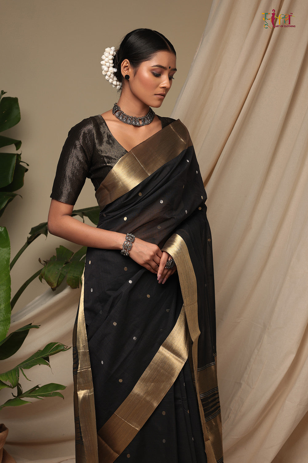 Handloom Ink Black Pure Cotton Kanchi Contemporary Saree With Golden Zari Motifs & Border