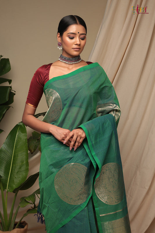 Handloom Sea Green Pure Cotton Kanchi Saree with Gold Zari Motifs & Pallu