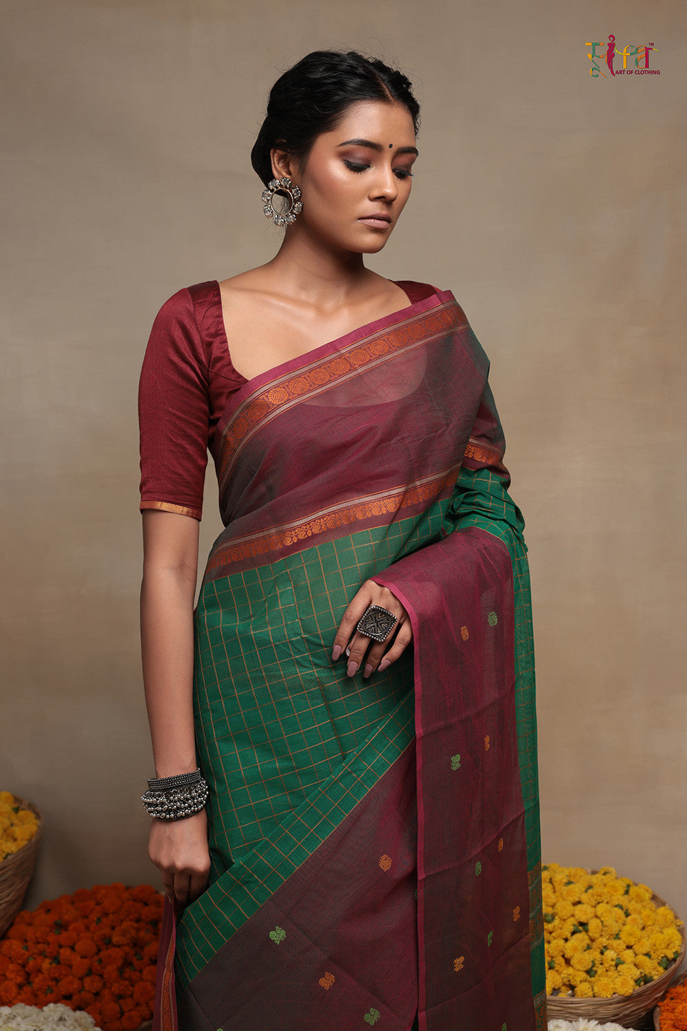 Handloom Green And Brown Pure Cotton Kanchi Saree