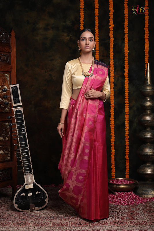 Pink Handloom Kanchipattu Saree With Zari Work And Contrasting Pallu