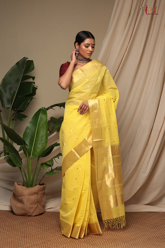 Handloom Yellow Pure Cotton Kanchi  Contemporary Saree With Golden Zari Motifs & Border