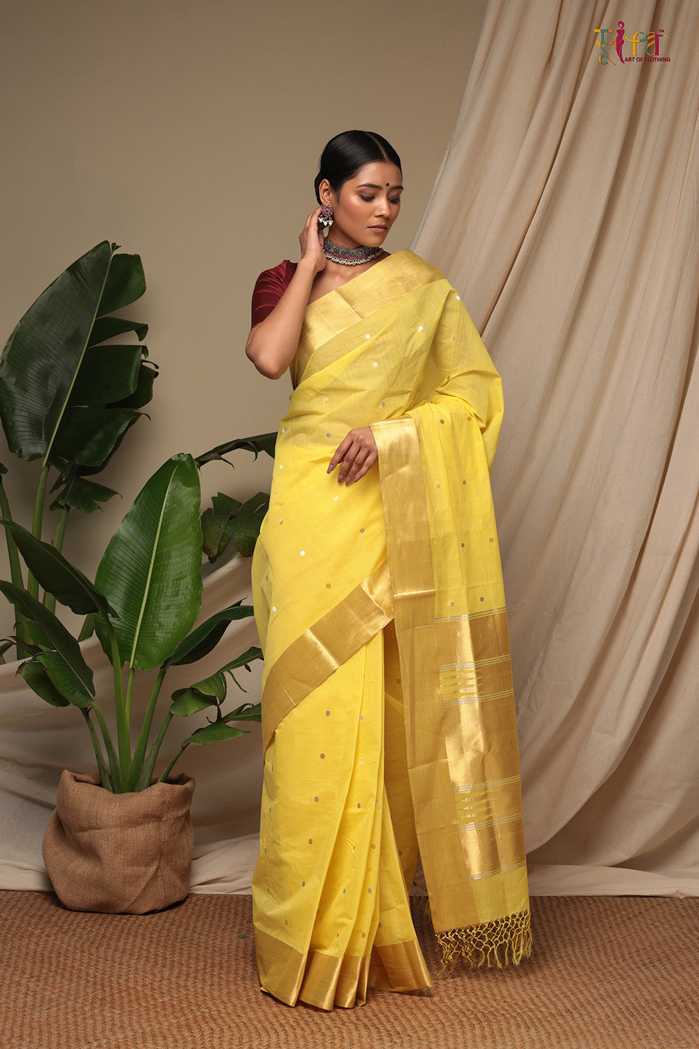 Handloom Yellow Pure Cotton Kanchi  Contemporary Saree With Golden Zari Motifs & Border