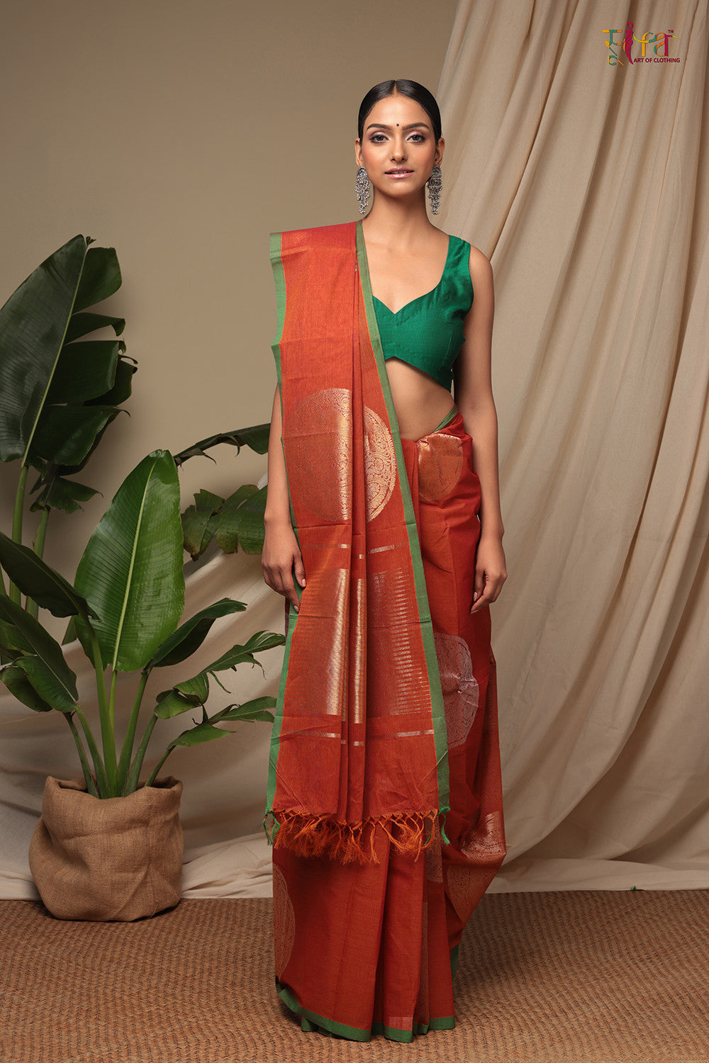 Handloom Marmalade Orange Pure Cotton Kanchi Saree With Gold Zari Motifs & Pallu