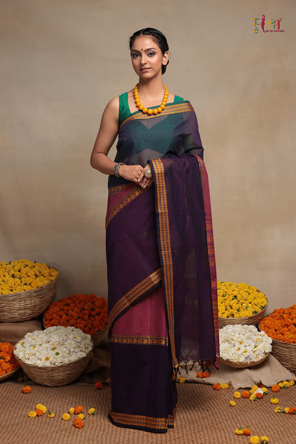 Handloom Pink & BlacMohi Handloomerry Cotton Kanchi Saree