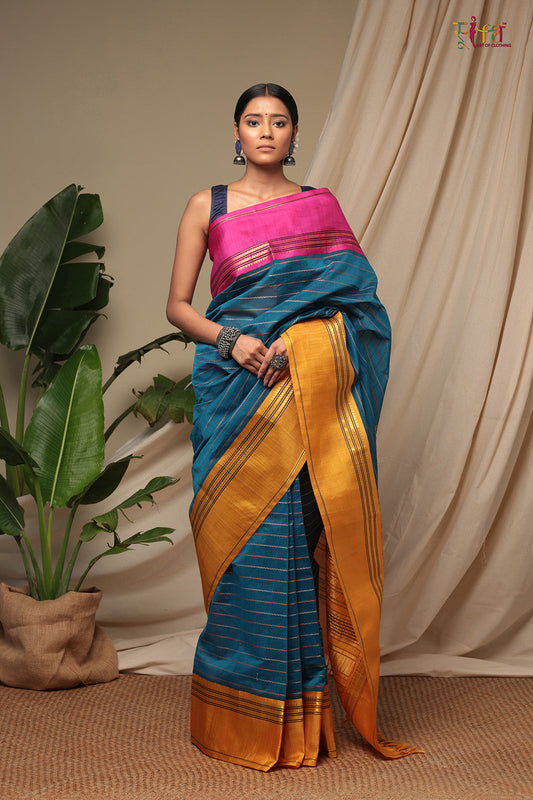 Teal Blue Handloom Pure Cotton Kanchi Saree With Pure Silk Border And Pallu