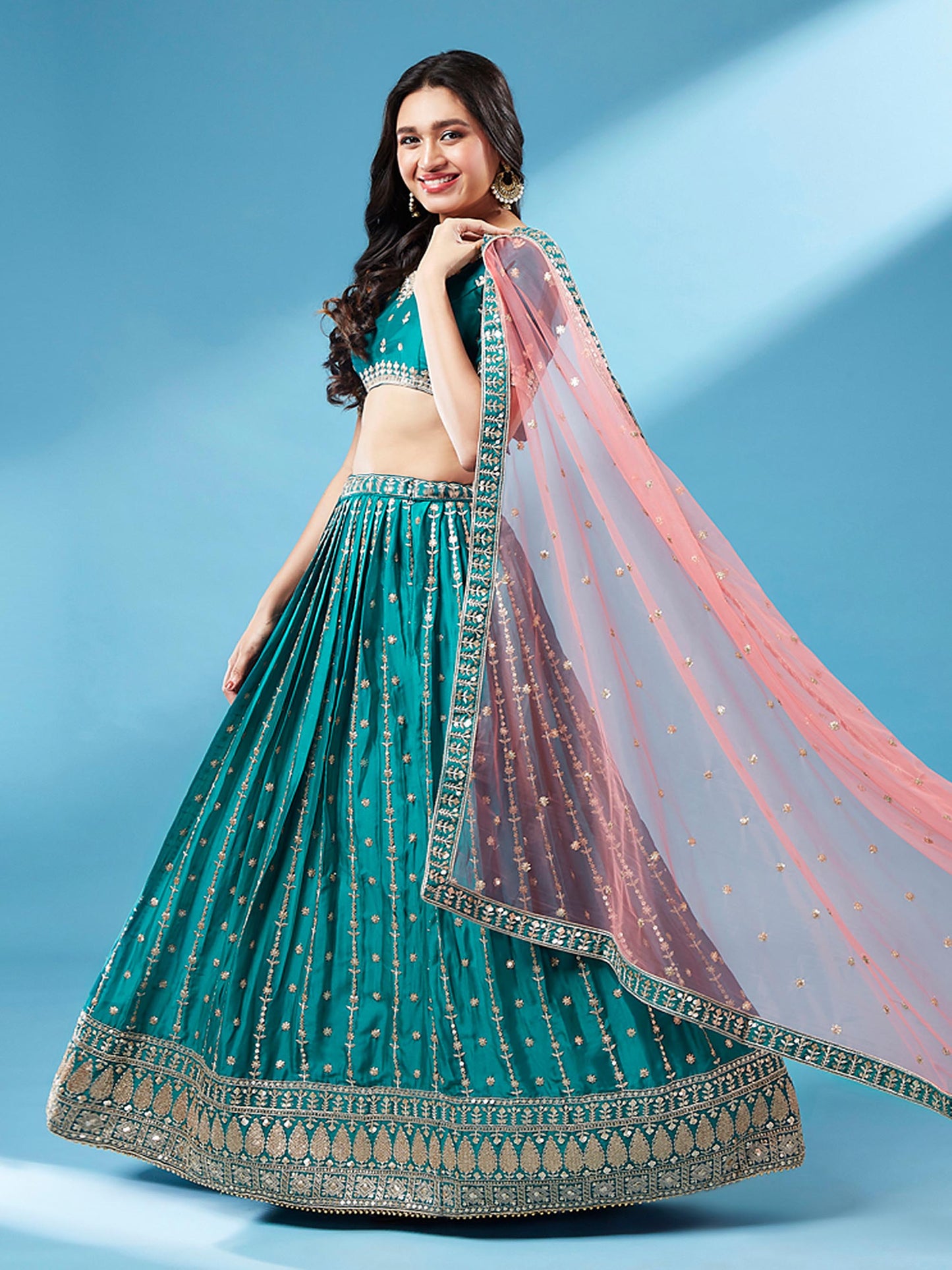 Green Pure Georgette Sequins Embroidered Semi-Stitched Lehenga