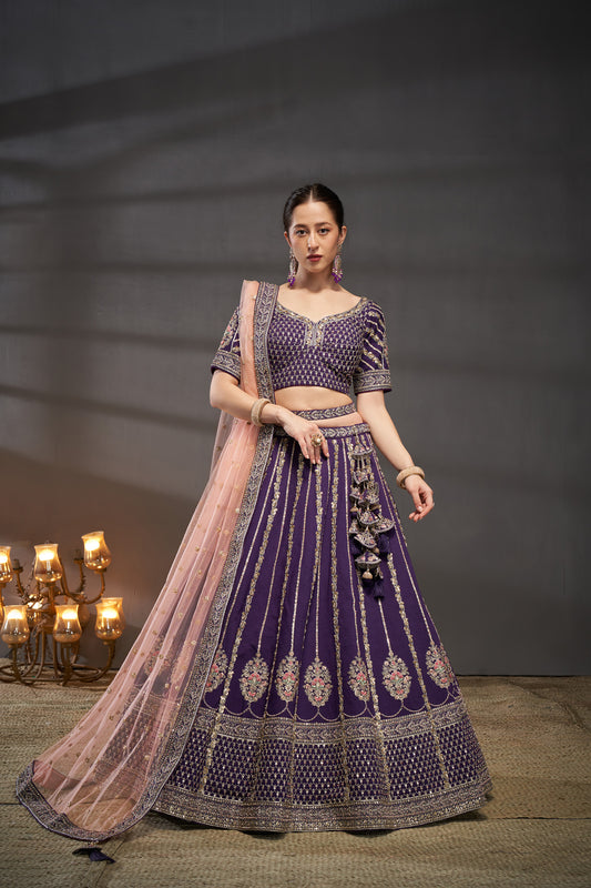 Purple Pure Silk Moti, Zarkan & heavy Sequin embroidery Bridal Lehenga choli